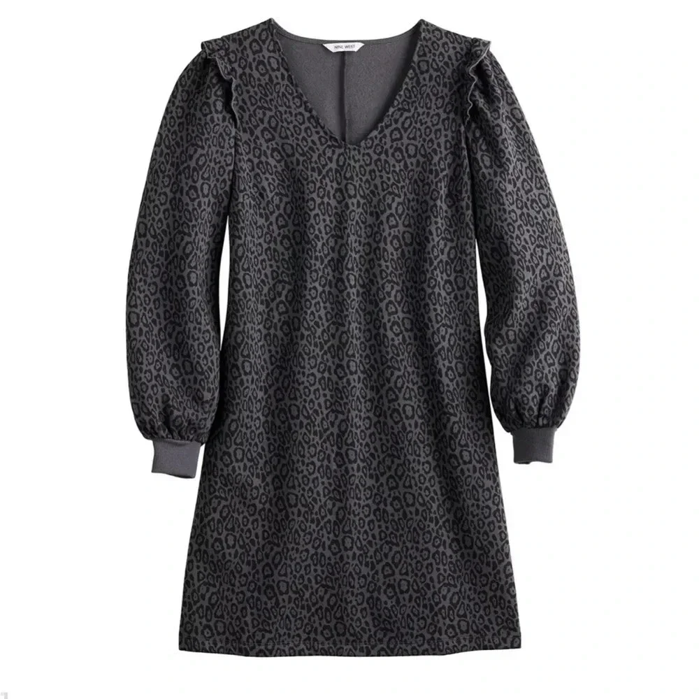 Nine West Fleece Lined Black/Gray Animal Print Sweatshirt Dress Size XL